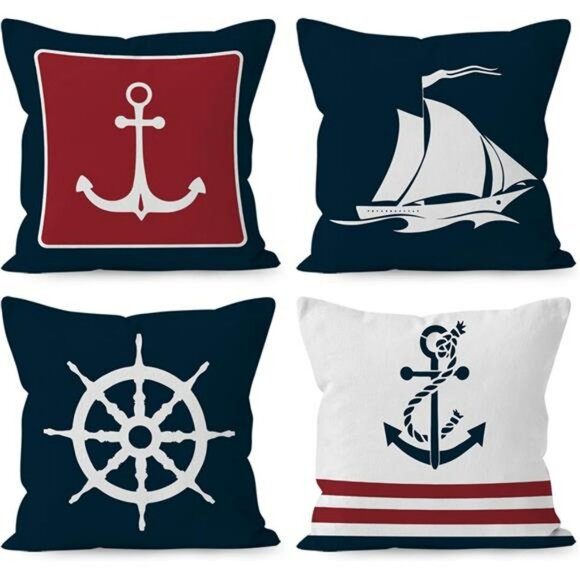 Navy Blue Nautical Anchor Pillow Covers 18x18 Set of 4 Ocean Coastal Boat Decor - Picture 1 of 8